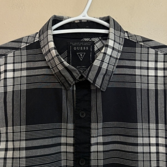 GUESS Men's Black & White Plaid Slim Fit Shirt - Picture 4 of 14